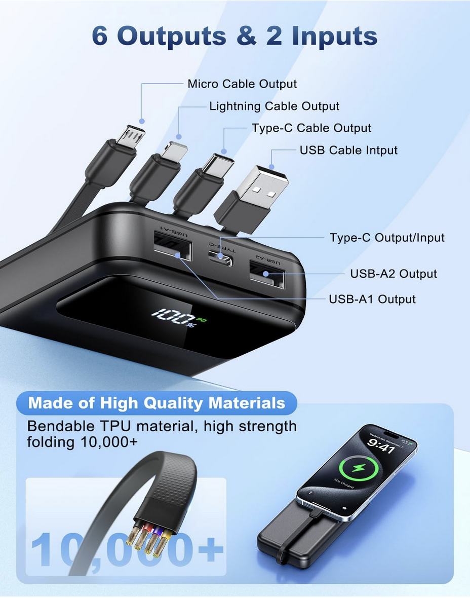OHOVIV 50000mAh black portable power bank with built-in cables, 6 OUTPUT AND 2 INPUTS